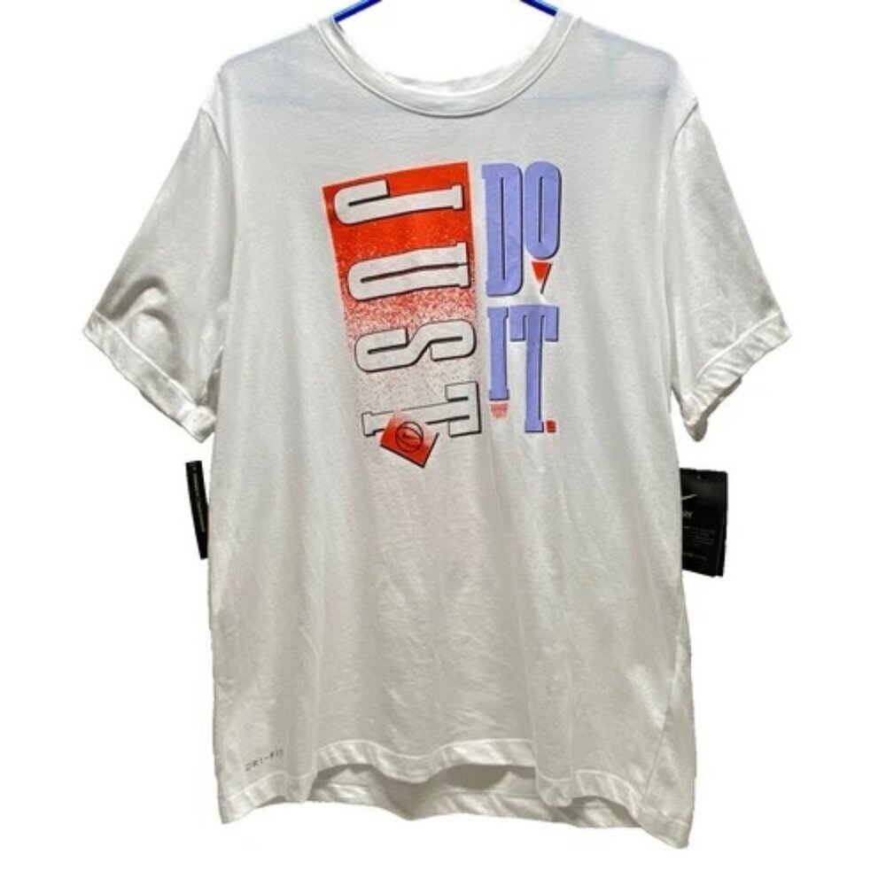 NIKE Dri-Fit Tee Men's Large White Standard Fit Just Do It Logo Short Sleeve NWT
